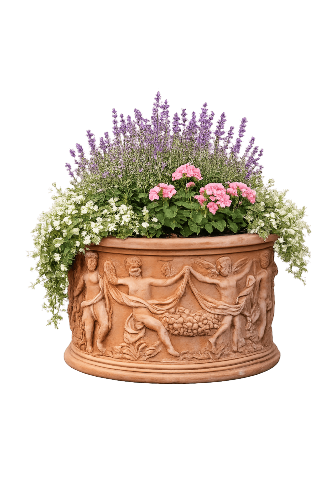 Terracotta Cylinder Impruneta avec putti dansants – pot décoratif artisanal italien